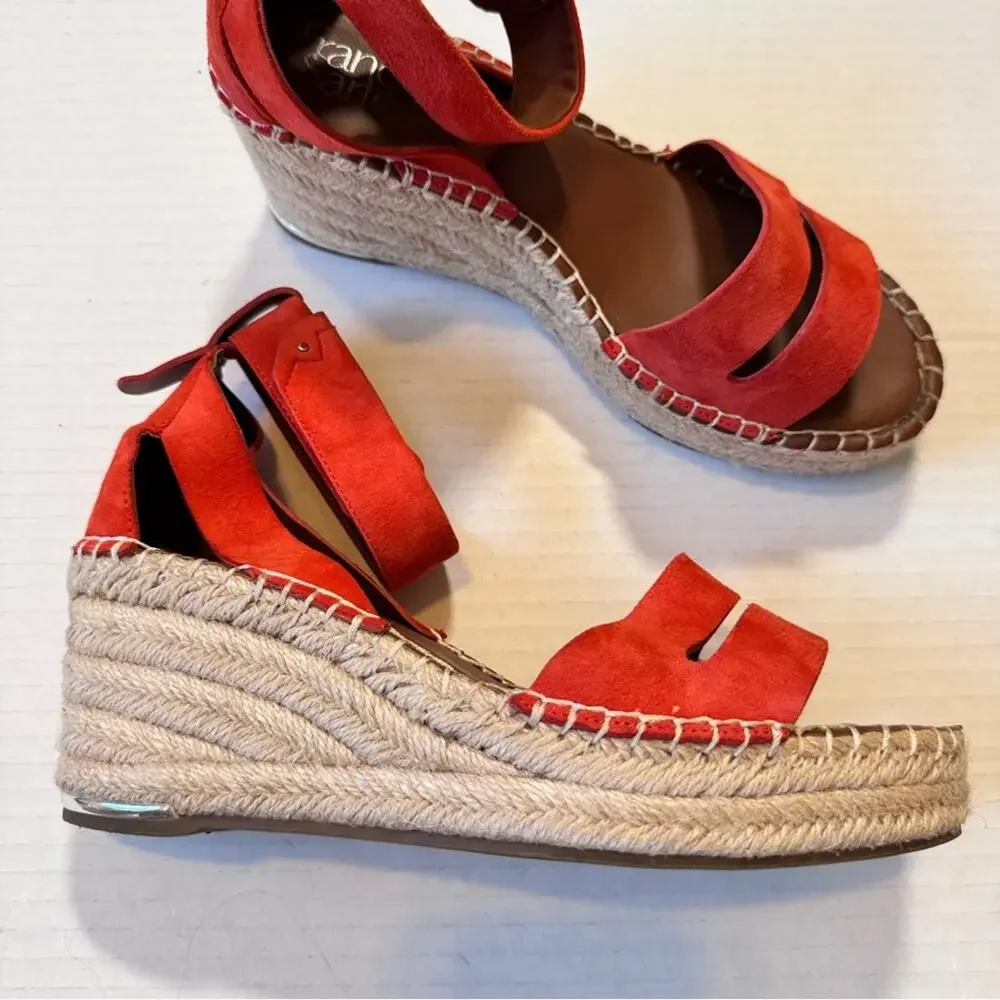 Franco Sarto Orange Leather Espadrille Wedge Sandals Womens 8.5 Platform Beachy